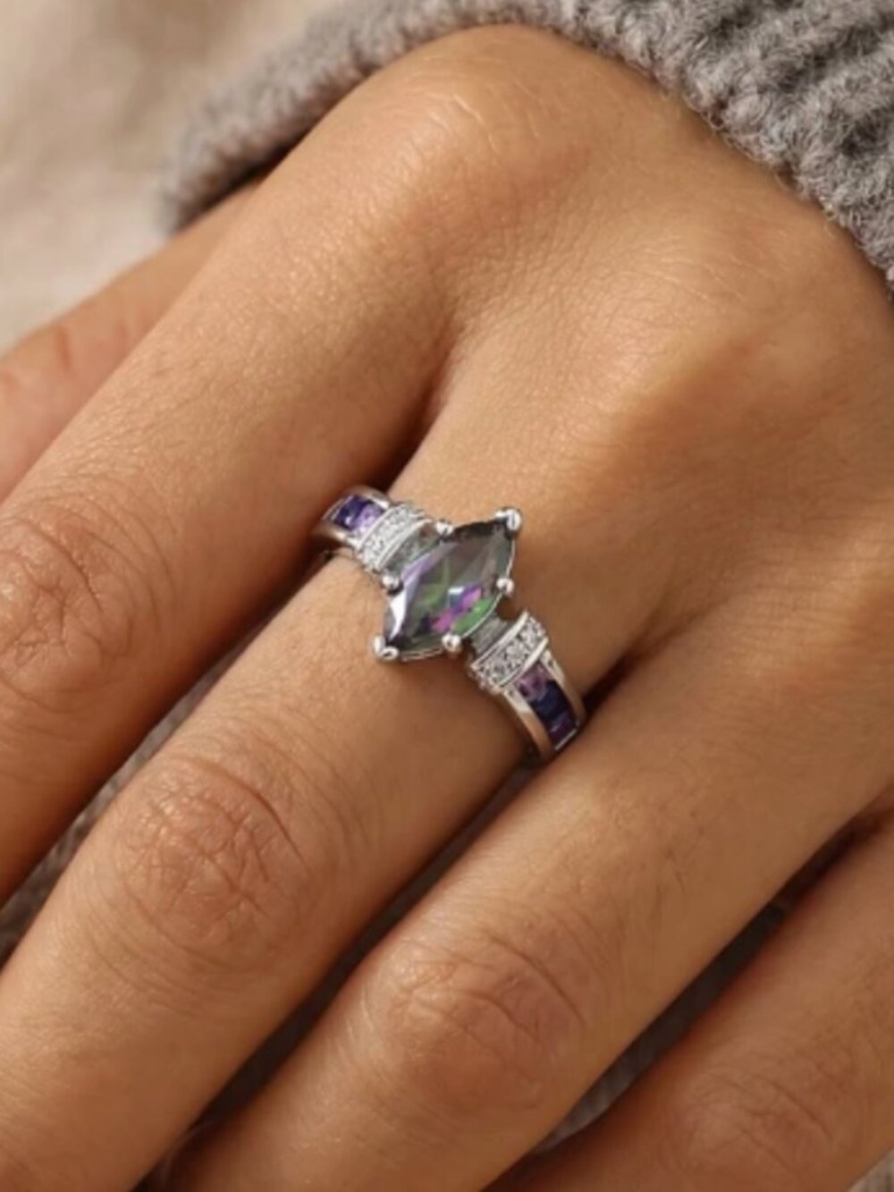 18k White Gold Mystic Topaz Ring Marquise Cut Diamond Ring Band